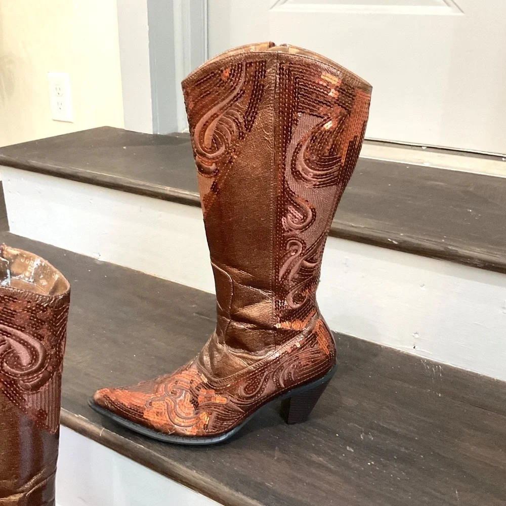 Brown /Cognac John Fashion Sequined Embroidered Pointed Toe Cowboy Boots Sz - Picture 12 of 16